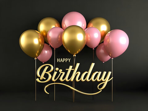 Elegant Happy Birthday Greeting Card Design Featuring Shiny Metallic Gold and Soft Pink Balloons on a Dark Background for Celebration, Party, Anniversary, and Festive Event