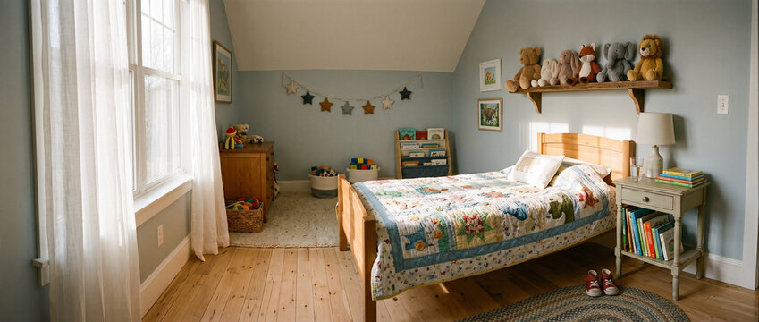 Chambre d'enfant lumineuse avec lit en bois et peluches sur une &eacute;tag&egrave;re