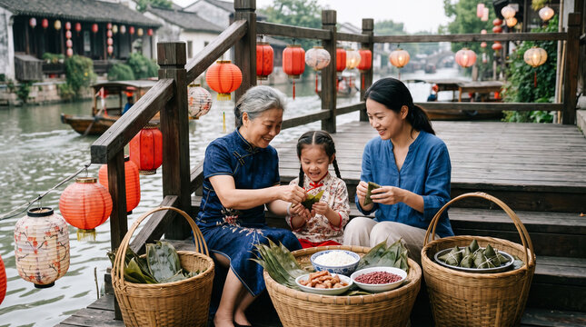 Famille pr&eacute;parant des zongzi traditionnels au bord de l'eau en Chine