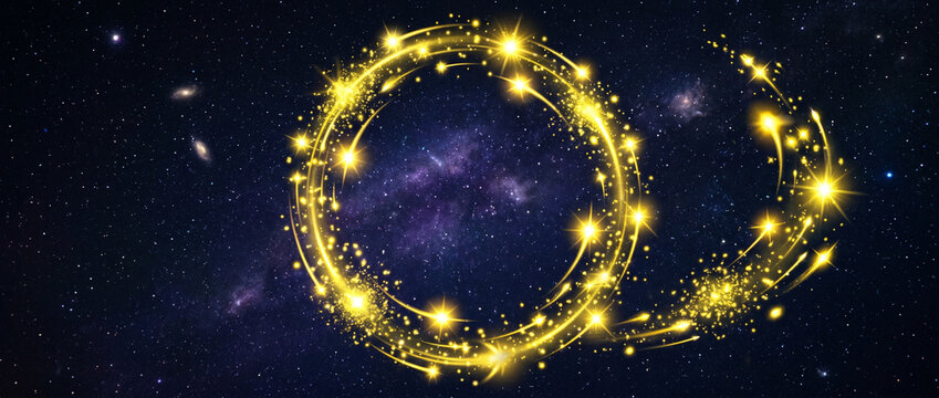 Cercles lumineux magiques en poussi&egrave;re d'or brillant dans l'espace cosmique parmi les galaxies
