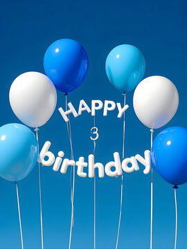 Festive Happy 3rd Birthday Celebration Card with Floating Blue and White Balloons on a Vibrant Clear Blue Sky Background, Perfect for Kids Party Invitations and Greeting Designs
