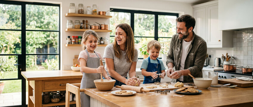 Famille heureuse cuisinant ensemble dans une cuisine lumineuse