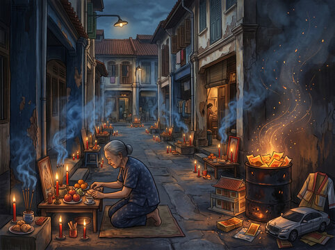 Rituel traditionnel nocturne dans une rue historique avec offrandes et fum&eacute;e