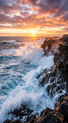 Fototapeta premium Vagues puissantes se brisant sur des rochers au coucher de soleil