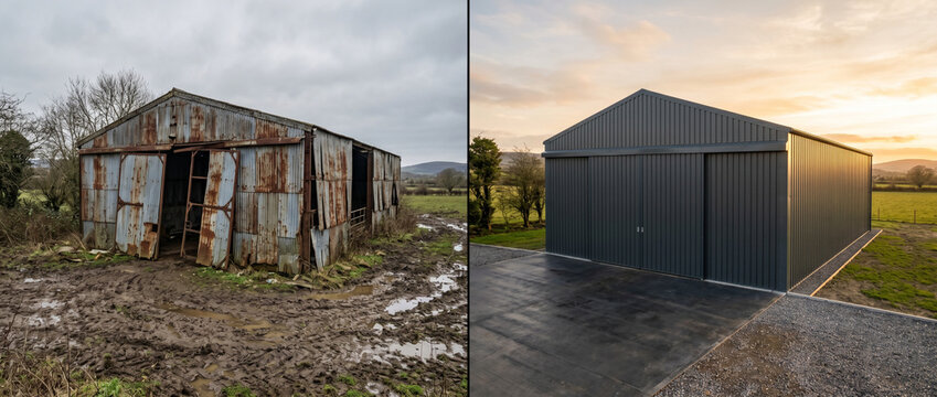 Avant apr&egrave;s de la r&eacute;novation d'un hangar agricole en b&acirc;timent moderne
