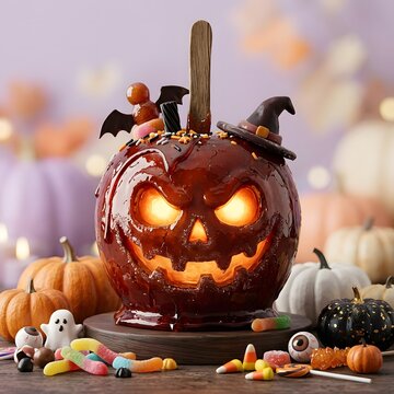 Dark chocolate glowing jack-o-lantern apple with witch hat and candy treats