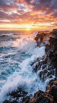 Vagues puissantes se brisant sur des rochers au coucher de soleil