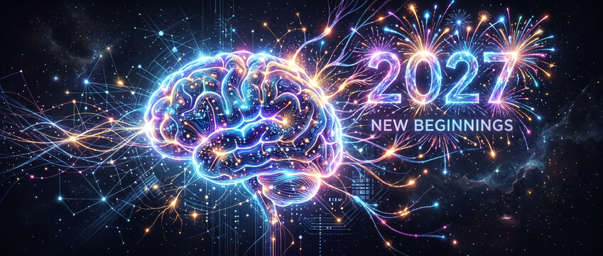 Concept de nouvel an 2027 avec cerveau lumineux et feu artifice