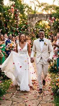 Jeunes mari&eacute;s heureux marchant sous une pluie de p&eacute;tales de fleurs lors d'un mariage en plein air