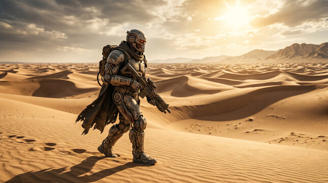 Soldat en armure futuriste marchant avec une arme dans un d&eacute;sert de dunes de sable