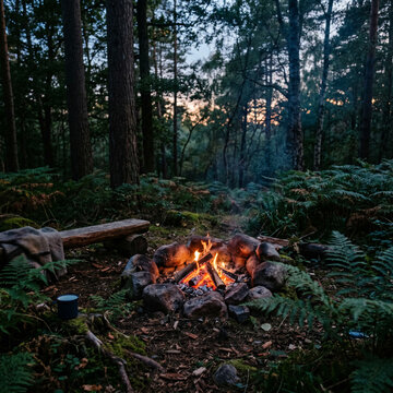 Feu de camp qui br&ucirc;le au coucher du soleil dans une for&ecirc;t de pins