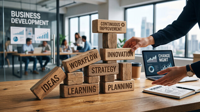 Concept de d&eacute;veloppement d'entreprise et strat&eacute;gie avec blocs en bois au bureau