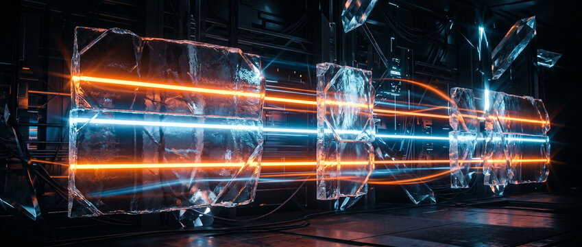 Faisceaux laser orange et bleu traversant des plaques de verre technologiques