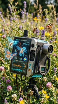 Appareil technologique analysant des abeilles et papillons dans un champ de fleurs