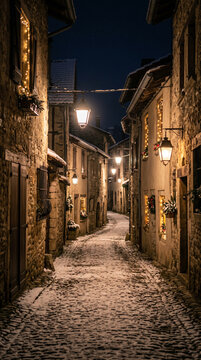 Ruelle m&eacute;di&eacute;vale pav&eacute;e et enneig&eacute;e illumin&eacute;e par des lanternes la nuit