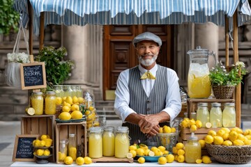 Lemonade stand vendor offers refreshing drinks in a city square on a sunny day