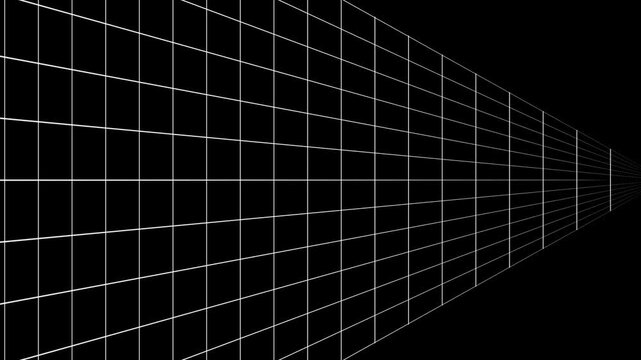 Linear white grid lines recede toward a distant vanishing point. Spatial depth illusions are created inside this abstract geometry backdrop. Fast white grid lines flow.