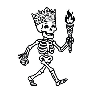 Funny skeleton king torchbearer cartoon mascot graphic