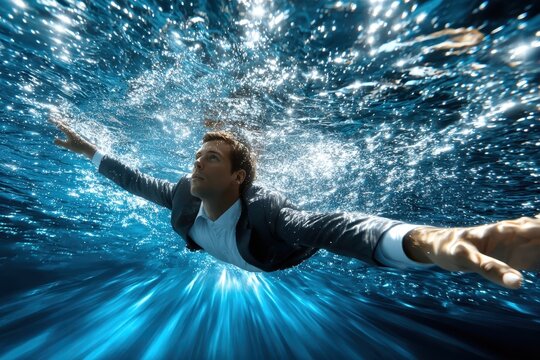 Businessman swimming underwater in a suit showcasing resilience and adaptability