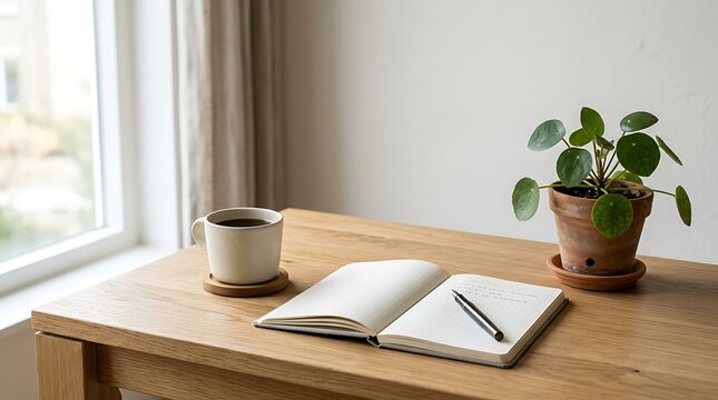 Cozy morning workspace with coffee and plant