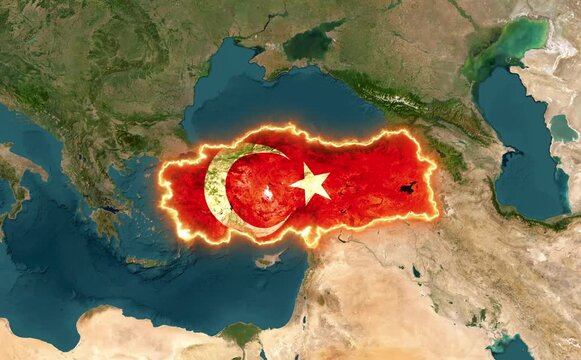 Turkey map glowing with intense fire animation effect overlaying a detailed satellite earth view representing national pride and motion footage