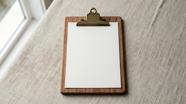 Wooden clipboard with blank white paper on beige fabric