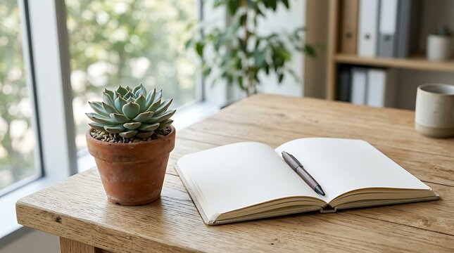Serene home office with succulent and blank journal