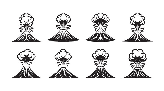 Vintage black and white volcano eruption vector icons with detailed smoke plumes and rugged mountain textures.