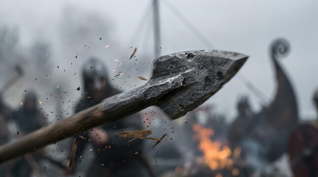 Ancient iron spear head in a misty battlefield.