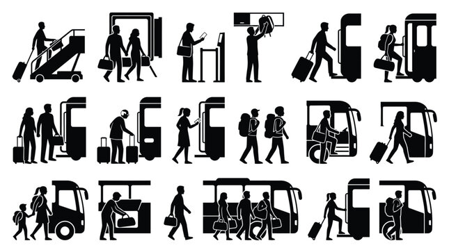 People boarding and disembarking bus, airplane, checking in, traveling by public transport.