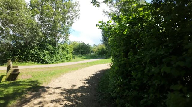 Walking around a corner, away from the river, toward a long, straight, bright path ahead with sounds of wind in the trees
