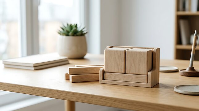 Wooden desk organizer with blocks and office supplies on a modern workspace