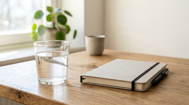 calm workspace with journal and glass of water
