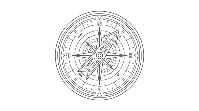 Minimalist outline compass rose with safety and justice text for law and security concept