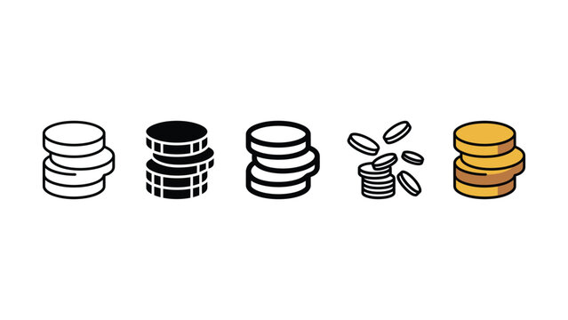 Set of various coin stack icons representing financial savings and investment