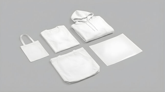 Blank White Apparel Mockup Set Including Hoodie T-Shirt Tote Bag And Textile Fabric On Isolated Grey Background
