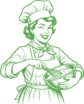 Vintage baker illustration woman mixing batter isolated on transparent background