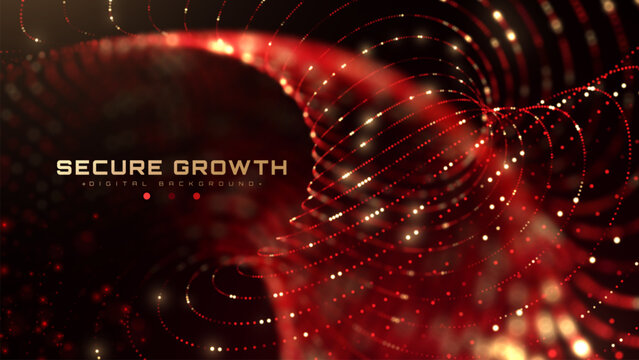 Future Red Abstract Background With Gold Glow Dot Particle Curve Line Flow Design Shows Digital Finance Secure Growth Concept For Global Business Technology Market.