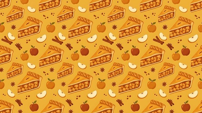 Seamless pattern with apple pie slices and seasonal spices