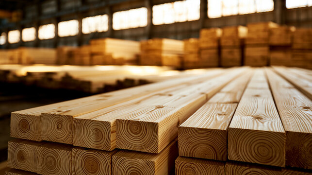 Stack of high-quality wooden beams stored in a warehouse. Represents industrial construction, building materials, and.