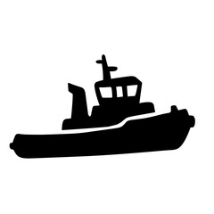 Obraz premium Tugboat silhouette icon for harbor operations, marine towing and maritime transportation. Black vector illustration isolated on white background