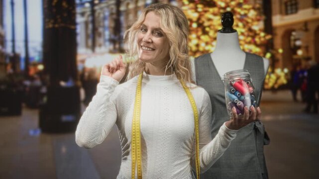 Woman designer holds jar of colorful thread and points finger up beside mannequin while wearing measuring tape in studio; confidence creativity.