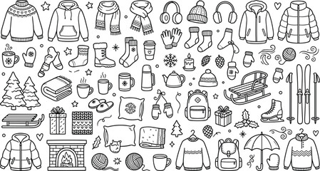 Winter clothes and cozy seasonal holiday outline doodle icons set with warm apparel puffer jacket ski gear and home fireplace vector ©  Jahangir