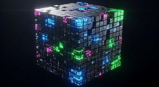 Futuristic glowing data cube. Abstract digital technology block with neon lights.
