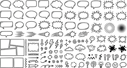 Comic book speech bubbles and blank template frames set with hand drawn pop art manga design expression elements vector ©  Jahangir