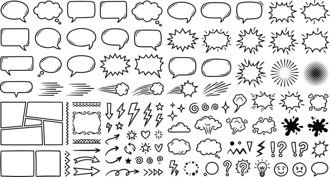 Comic book speech bubbles and blank template frames set with hand drawn pop art manga design expression elements vector