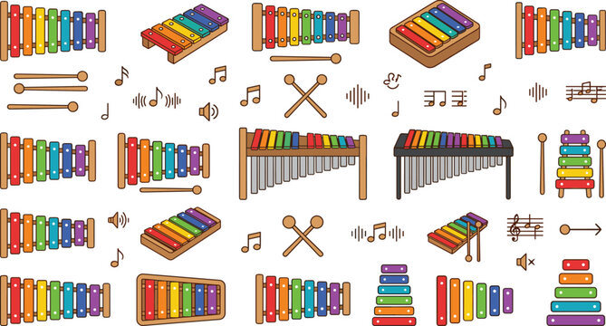 Xylophone musical instruments doodle outline icons set with colorful marimba glockenspiel mallets and audio sound wave notes elements vector