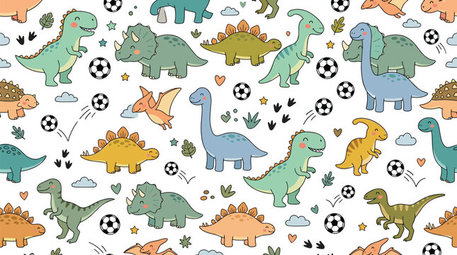 Cute dinosaur seamless pattern with funny cartoon dinos playing soccer balls t-rex triceratops brachiosaurus and stegosaurus background vector