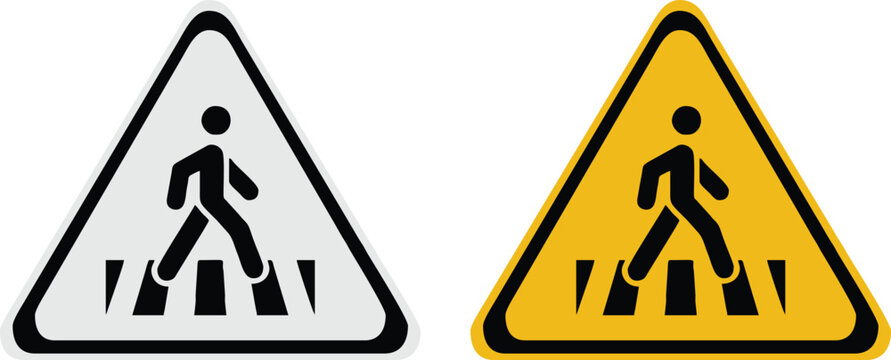 Pedestrian crossing warning sign . Pedestrian crossing sign board . Pedestrian crossing sign in two different colors .