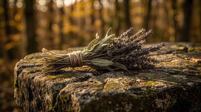 Fallen tree branch with green moss and small plants growing on a forest log